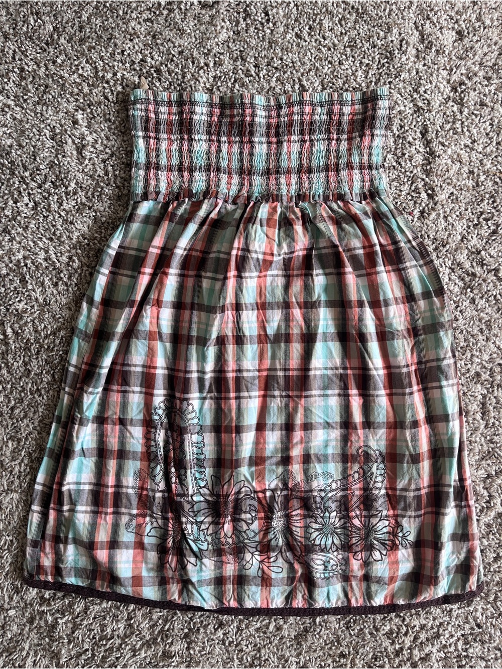 Y2K Mossimo Light Blue Orange & Brown Plaid Smocked Strapless Mini Dress